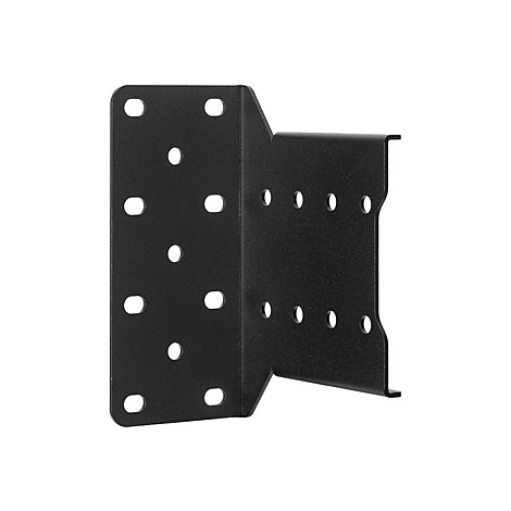 Schwarze Metallhalterung mit Löchern, isoliert auf weißem Hintergrund.