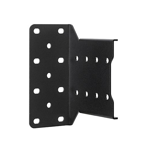 Schwarze Metallhalterung mit Löchern, Blick aus der Vogelperspektive.