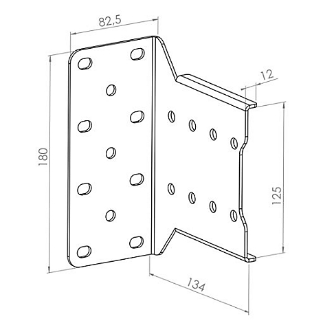 Metallwinkel mit Löchern zur Befestigung. Abmessungen sind angegeben: 180x82,5x134x125x12 mm.