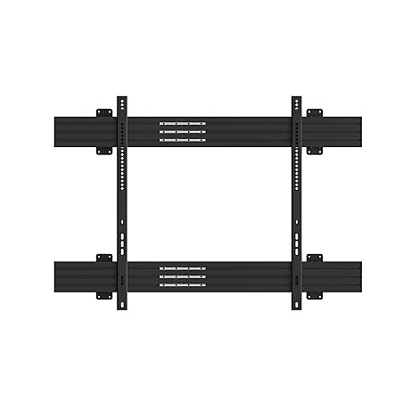 Schwarze TV-Halterung, bestehend aus horizontalen und vertikalen Metallschienen mit Schraubenlöchern, für Wandmontage.