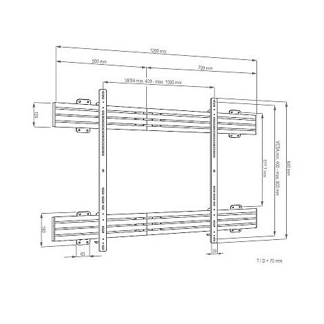 Technische Zeichnung einer TV-Halterung mit Maßangaben in mm. Horizontale und vertikale Maße, sowie VESA-Angaben. Graustufen.