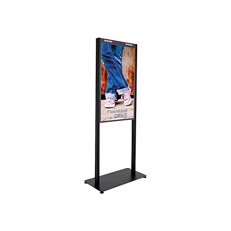 Schwarzer digitaler Floorstand, Bild mit Jeans und rosa Schuhen, darunter Schriftzug Floorstand OMN-D.