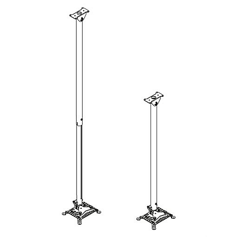 Zwei Projektorhalterungen in Schwarz-Weiß-Darstellung. Eine größere und eine kleinere Version nebeneinander. Jede Halterung hat eine quadratische Basis, ein Rohr und eine obere Halterung.