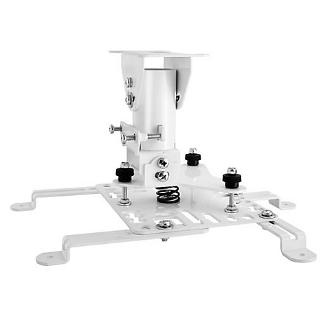 Weißer Deckenprojektorhalter mit Schrauben, Federn und Halterungen vor weißem Hintergrund.