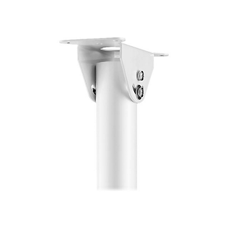Weißer Deckenhalter. Bestehend aus einer Halterung, einem zylindrischen Rohr und Befestigungsschrauben.