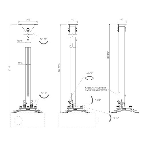 Technische Zeichnung einer Deckenhalterung für Projektoren, mit Bemaßungen und Winkeln.
