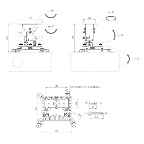 Technische Zeichnung mit Maßangaben eines Projektorhalters. Der Halter ist in verschiedenen Perspektiven und mit detaillierten Ansichten dargestellt.
