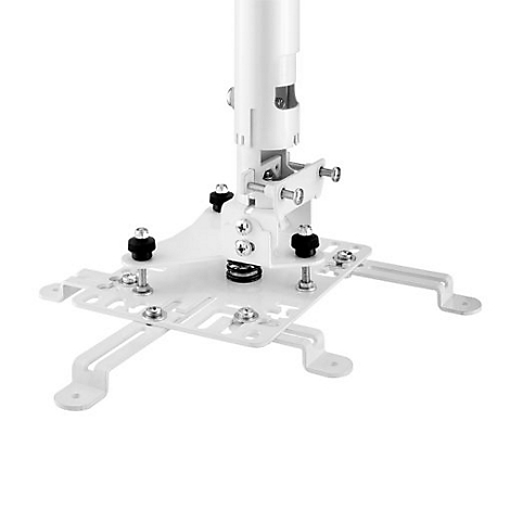 Nahaufnahme eines weißen Deckenprojektorhalterung, bestehend aus Metallteilen und Schrauben. Die Halterung zeigt einen einstellbaren Mechanismus.