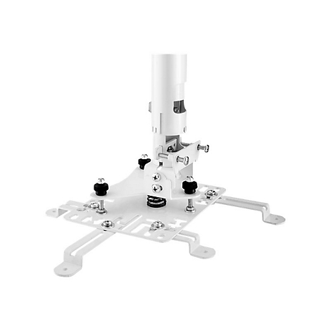 Ein weißer Deckenprojektorhalter. Die Halterung zeigt einen Ständer mit Schrauben und einer Halterung.