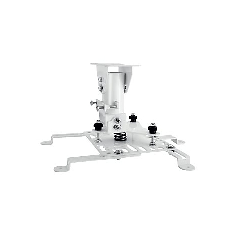 Weißer Projektorhalter, der an der Decke befestigt werden kann. Er hat einen quadratischen Grundrahmen mit Auslegern und Schrauben.