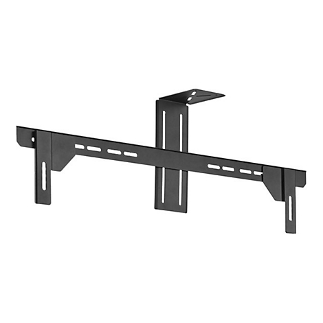 Schwarze Metallhalterung für die Wandmontage. Sie hat Löcher und Schlitze zur Befestigung.