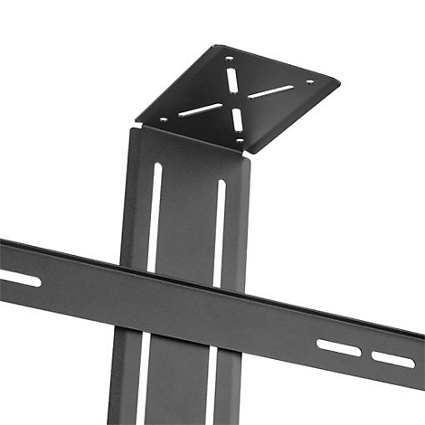 Schwarze Metallhalterung, mit Löchern und Schlitzen versehen, zur Wandmontage.