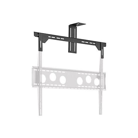 Schwarze Deckenhalterung für einen Fernseher. Das Montagesystem besteht aus Metall. Die Halterung zeigt die möglichen Befestigungspunkte.