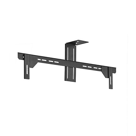 Schwarze TV-Halterung, Winkel und Löcher, vor weißem Hintergrund.