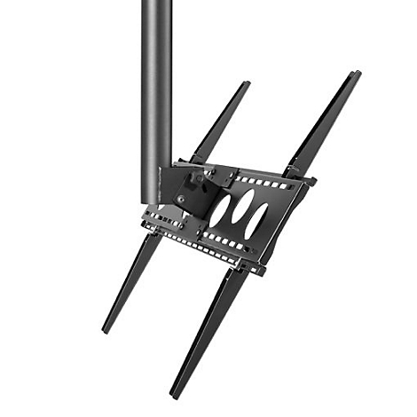 Schwarze Deckenhalterung für einen Fernseher, auf weißem Hintergrund.
