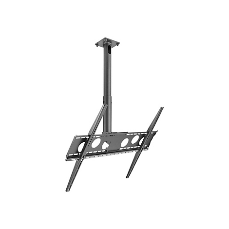 Eine Deckenhalterung für einen Fernseher, grau und minimalistisch. Sie besteht aus einer Halterung, einem Rohr und einem Halter für den Fernseher.