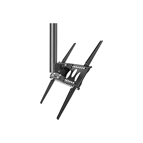 Schwarze TV-Halterung, mit Metallstange, Montageplatte und Haltearmen, vor weißem Hintergrund.