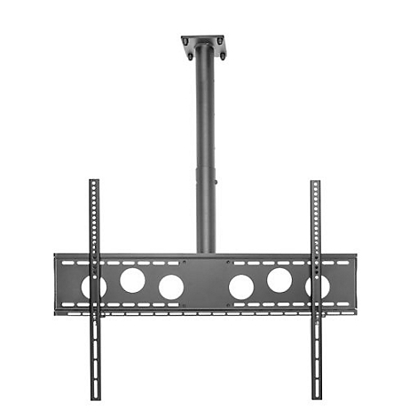 Halterung zur Deckenbefestigung eines Fernsehers, in Grau, mit vielen Löchern und Einkerbungen zur individuellen Anpassung.