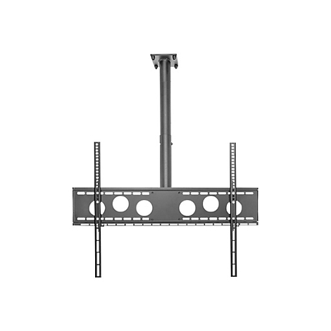 Eine schwarze Deckenhalterung für einen Fernseher. Die Halterung besteht aus einer vertikalen Stange, die an der Decke befestigt ist, und einer horizontalen Platte mit Löchern.