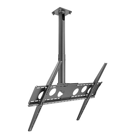 Schwarze TV-Deckenhalterung mit Halterungen. Der Halter ist an der Decke befestigt und für die Befestigung eines Fernsehers vorgesehen.