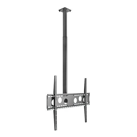 Schwarze TV-Deckenhalterung mit Halterung für Bildschirm, vor weißem Hintergrund.