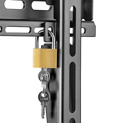 Ein Vorhängeschloss aus Messing mit zwei Schlüsseln hängt an einer schwarzen Metallhalterung. Nahaufnahme.