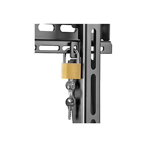 Ein Vorhängeschloss sichert eine Metallkonstruktion. Schlüssel hängen am Schloss.