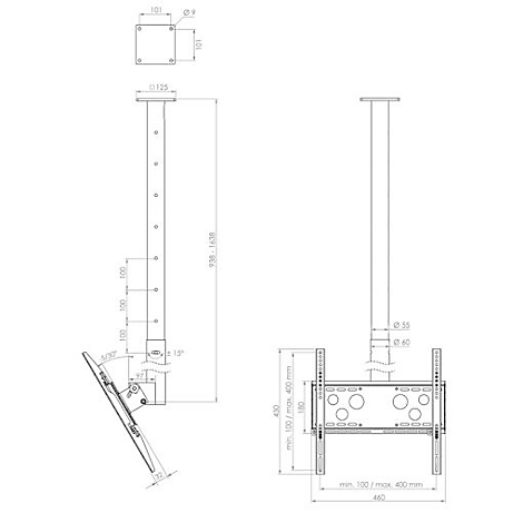 Technische Zeichnung einer Deckenhalterung für einen Fernseher. Verschiedene Maße und Winkel sind angegeben.