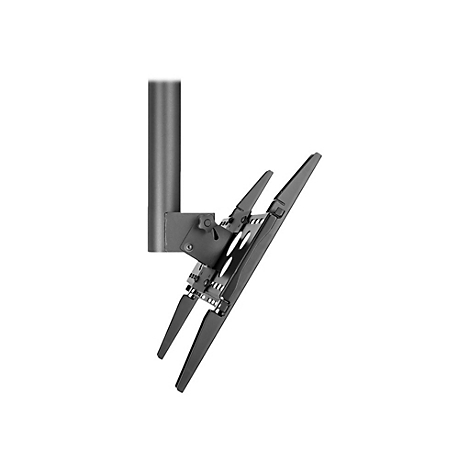 Schwarze TV-Halterung, bestehend aus einem senkrechten Stab, an dem ein verstellbarer Arm befestigt ist. Der Arm hat zwei Halterungen.