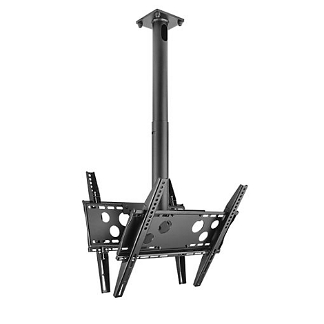 Schwarze TV-Deckenhalterung mit Metallrahmen. Die Halterung hat eine Säule, an der zwei Trägerplatten für den Fernseher befestigt sind.