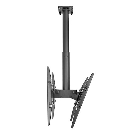 Schwarze Deckenhalterung für Bildschirme. Ein verstellbares Gestell mit zwei Paneelen für Monitore.