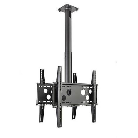 Schwarze Deckenhalterung für einen Fernseher. Bestehend aus einer Deckenplatte, einem Teleskoprohr und zwei Halterungen.