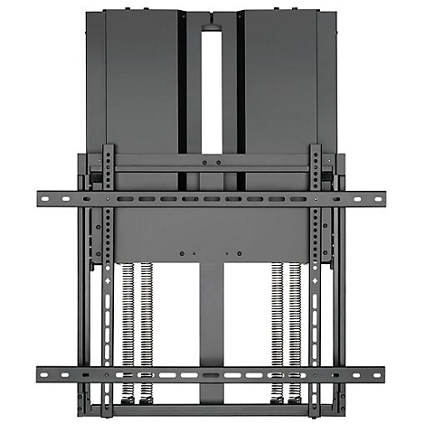Schwarze TV-Wandhalterung, Draufsicht. Horizontalstreben, vertikale Träger, Federn und ein großer Spalt in der Mitte.