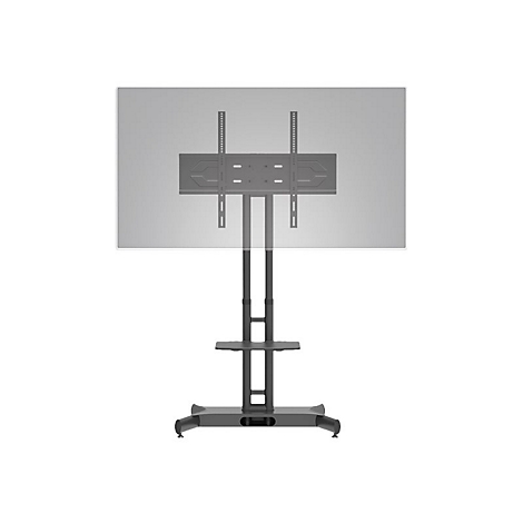 Support TV noir sur fond blanc, avec plaque de montage et étagère.