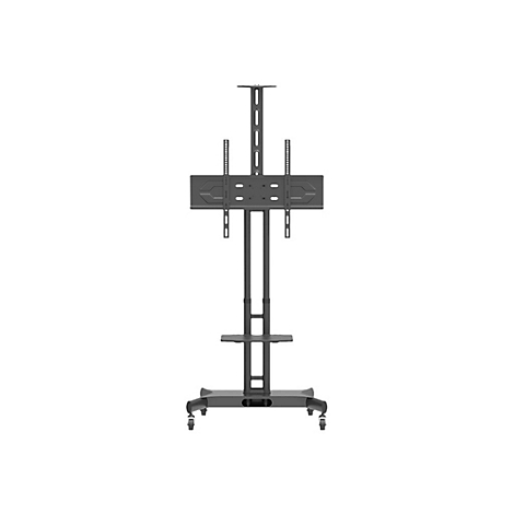 Schwarzer, rollbarer TV-Ständer mit einstellbarer Höhe und Halterung für Bildschirm.