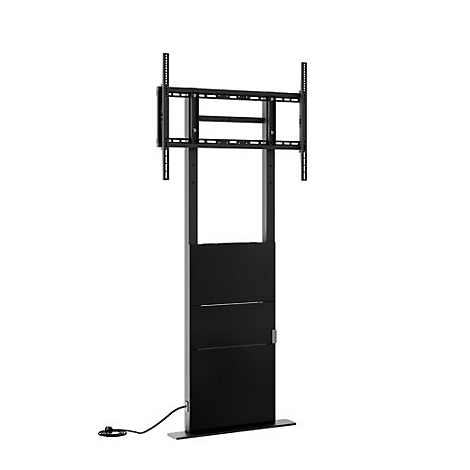 Schwarzer TV-Ständer, der mit einem Bildschirmhalter an der Oberseite und einem Gehäuse mit Türen versehen ist.