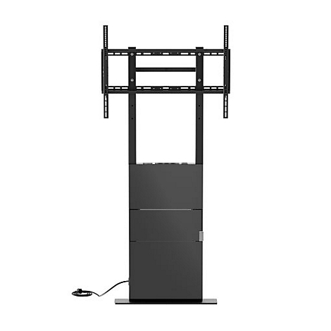 Schwarzer TV-Ständer mit Halterung. Unten drei Fächer mit einer kleinen Tür und Kabelanschluss.