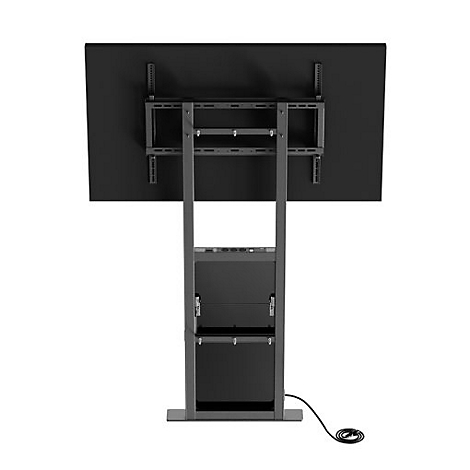 Rückansicht eines schwarzen interaktiven Whiteboards auf einem Metallständer. Darunter befinden sich Fächer und ein Kabel.