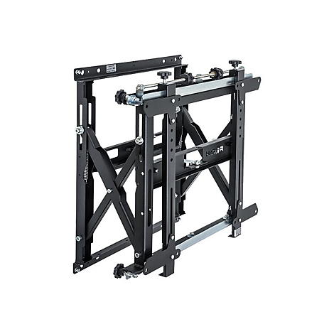 Schwarze TV-Wandhalterung mit Metallrahmen und Verstellmechanismen.