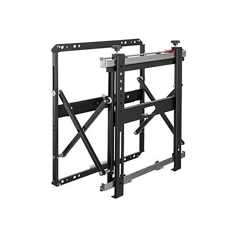 Schwarze TV-Wandhalterung, aus Metall, geÃ¶ffnet, mit Halterung fÃ¼r die Wand und fÃ¼r den Fernseher.