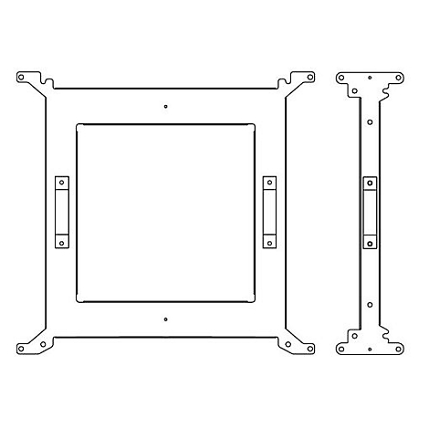 Schwarz-weiße Zeichnung einer CPU-Halterung, mit rechteckiger Form und detaillierten Ausschnitten.