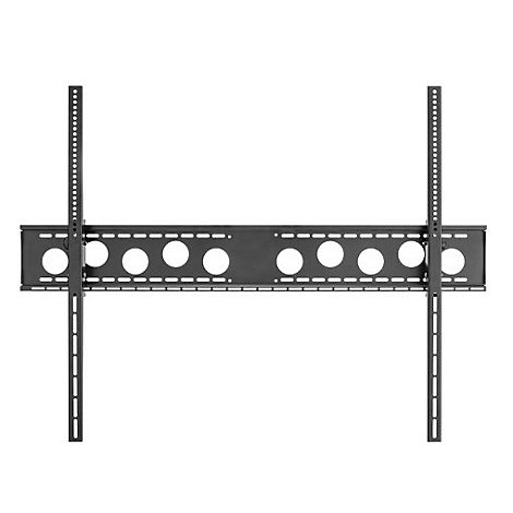 Schwarze TV-Wandhalterung, mit horizontaler Platte und vertikalen Schienen. Die Platte hat runde Löcher, die Schienen haben Löcher zur Befestigung.