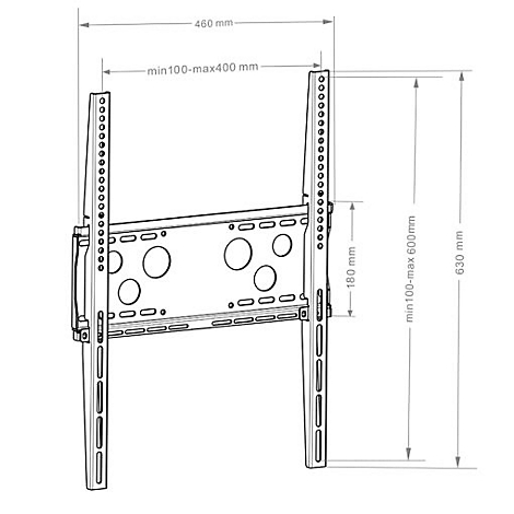 Dessin technique d'un support TV avec dimensions. Les diamètres sont indiqués : 460 mm, min100-max400 mm, 180 mm, min100-max600 mm, 630 mm.