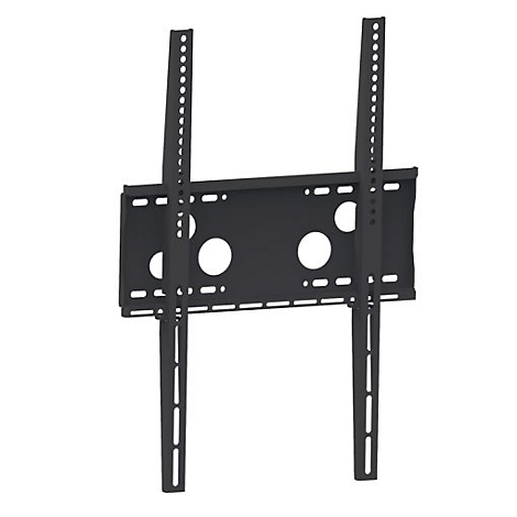 Support TV noir, composé de deux rails verticaux et d'une plaque horizontale avec des trous.