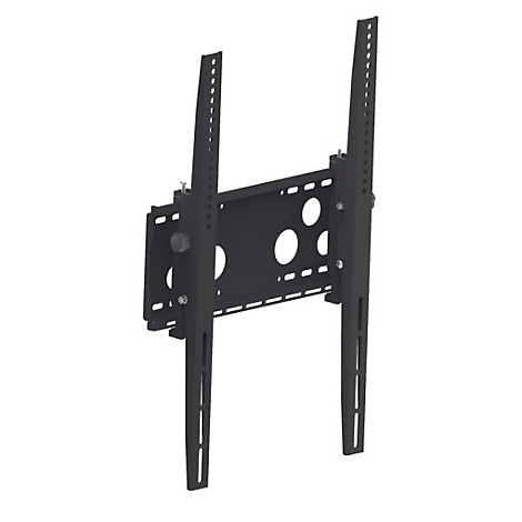 Schwarze TV-Wandhalterung, bestehend aus Halteplatten und Schienen, auf weißem Hintergrund.