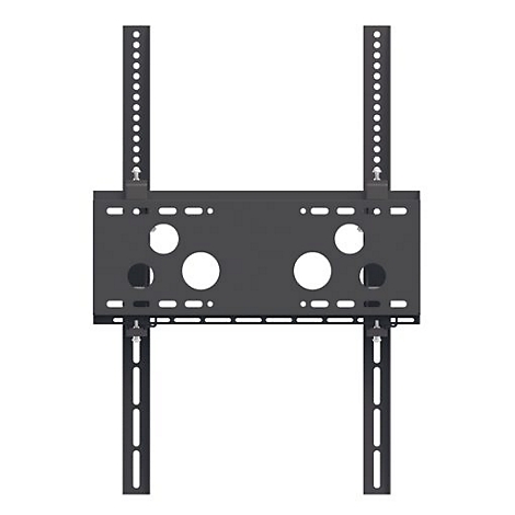 Schwarze TV-Wandhalterung, bestehend aus zwei vertikalen Schienen und einer horizontalen Platte mit Löchern.