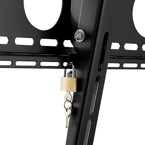 Gros plan sur un cadre métallique noir avec des fixations. Un cadenas doré sécurise un composant, avec des clés suspendues en dessous.