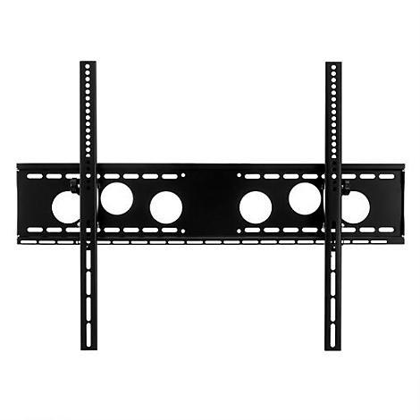 Schwarze TV-Wandhalterung, Frontansicht, Löcher, Schraubenhalterungen, auf weißem Hintergrund.