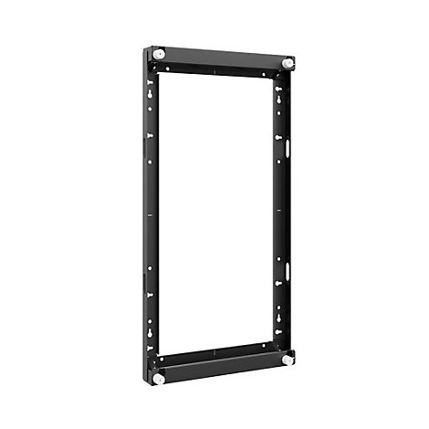 Schwarzer Metallrahmen mit quadratischer Öffnung, Eckrollen, Schraubenlöchern und weißen Distanzstücken.