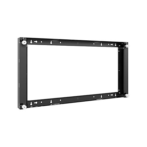 Schwarzer Metallrahmen mit quadratischer Form und Befestigungslöchern. Weiße Puffer an den Ecken.